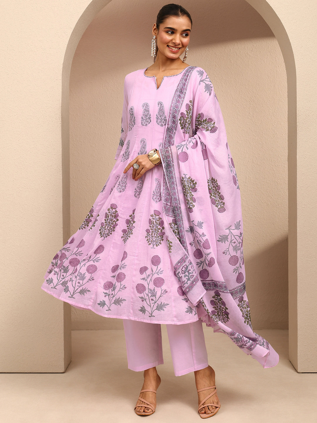 Lavender Printed Cotton Anarkali Suit Set With Dupatta