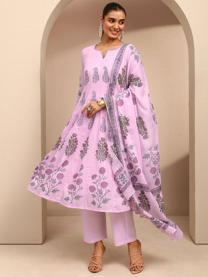 Lavender Printed Cotton Anarkali Suit Set With Dupatta