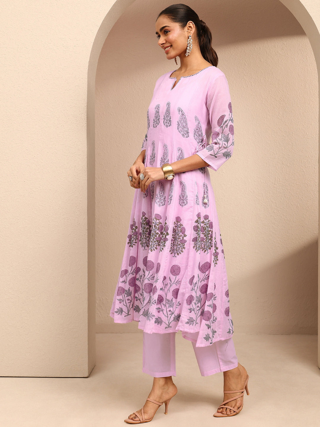 Lavender Printed Cotton Anarkali Suit Set With Dupatta