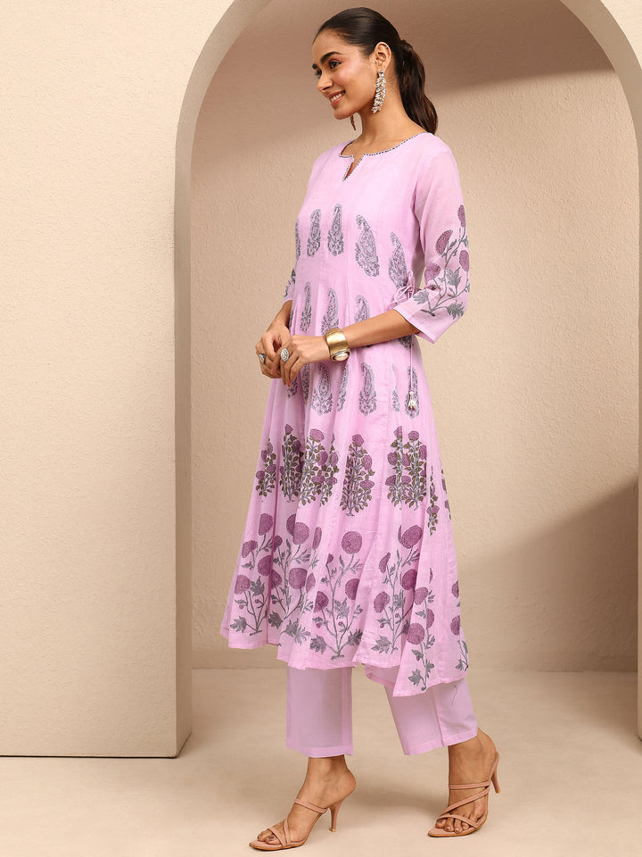 Lavender Printed Cotton Anarkali Suit Set With Dupatta