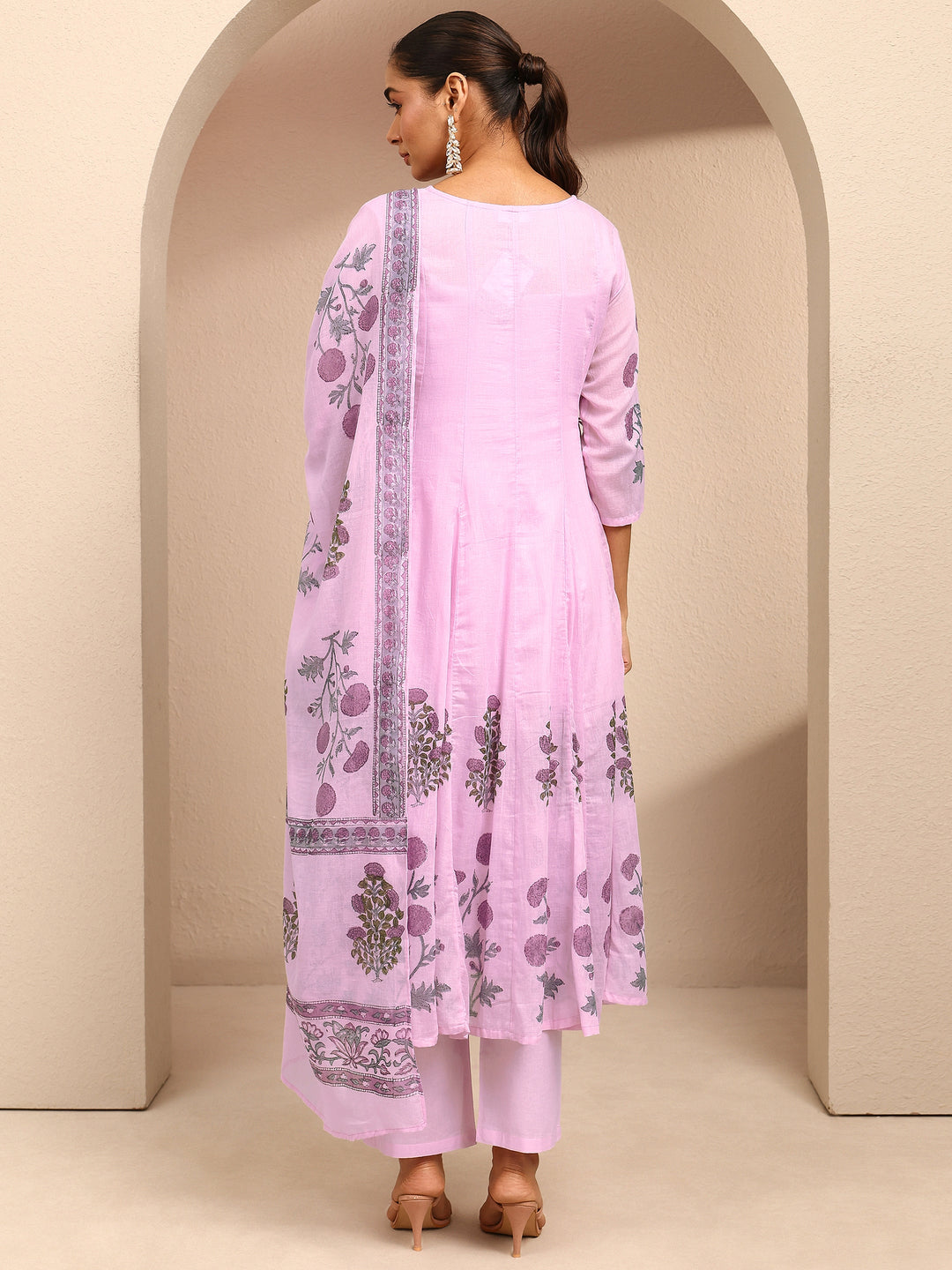 Lavender Printed Cotton Anarkali Suit Set With Dupatta