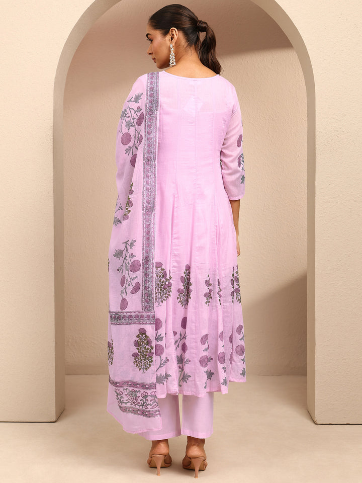 Lavender Printed Cotton Anarkali Suit Set With Dupatta