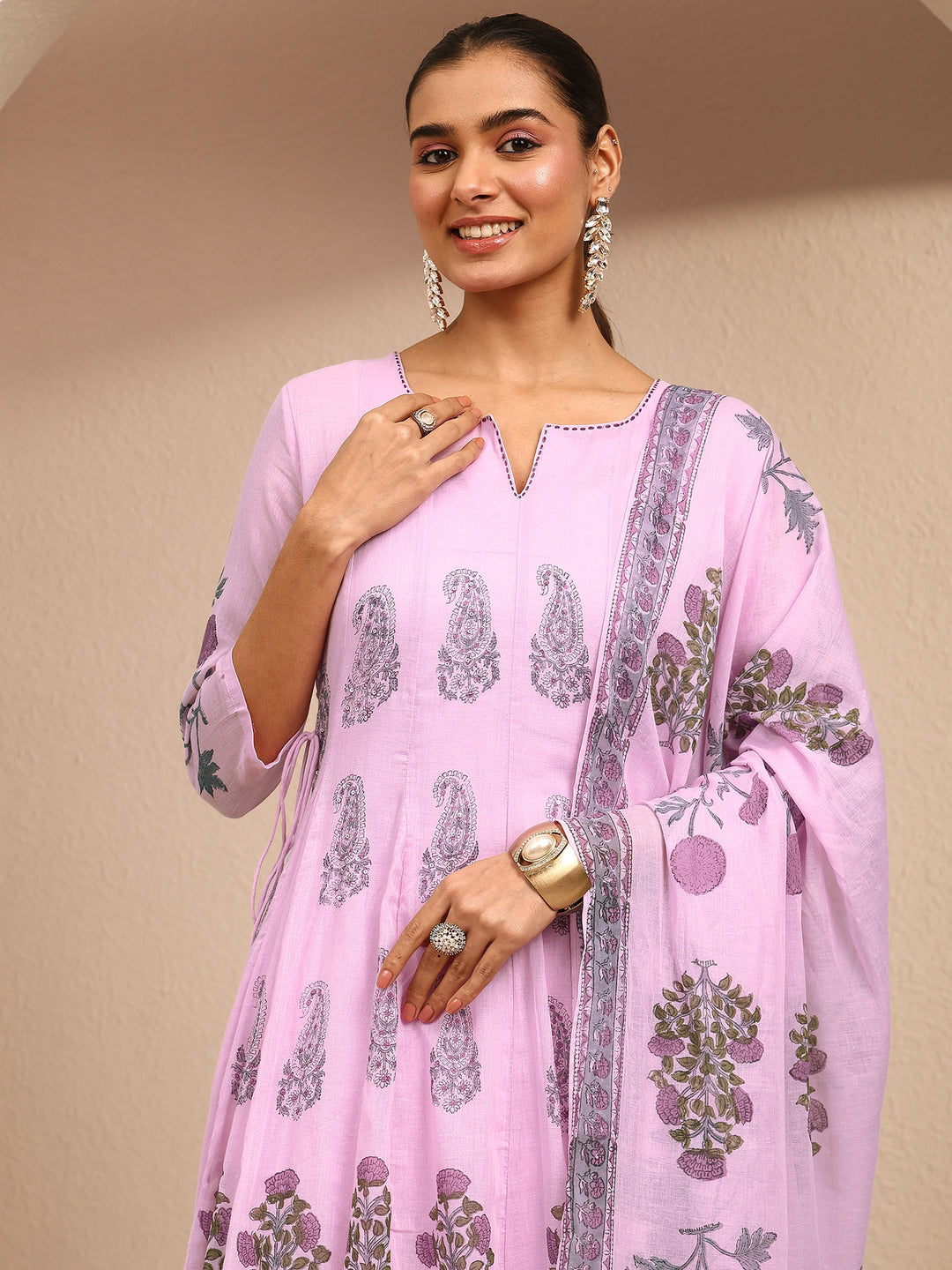 Lavender Printed Cotton Anarkali Suit Set With Dupatta