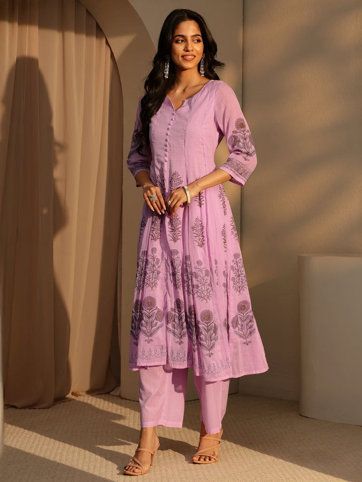 Lavender Printed Cotton Straight Suit Set With Dupatta