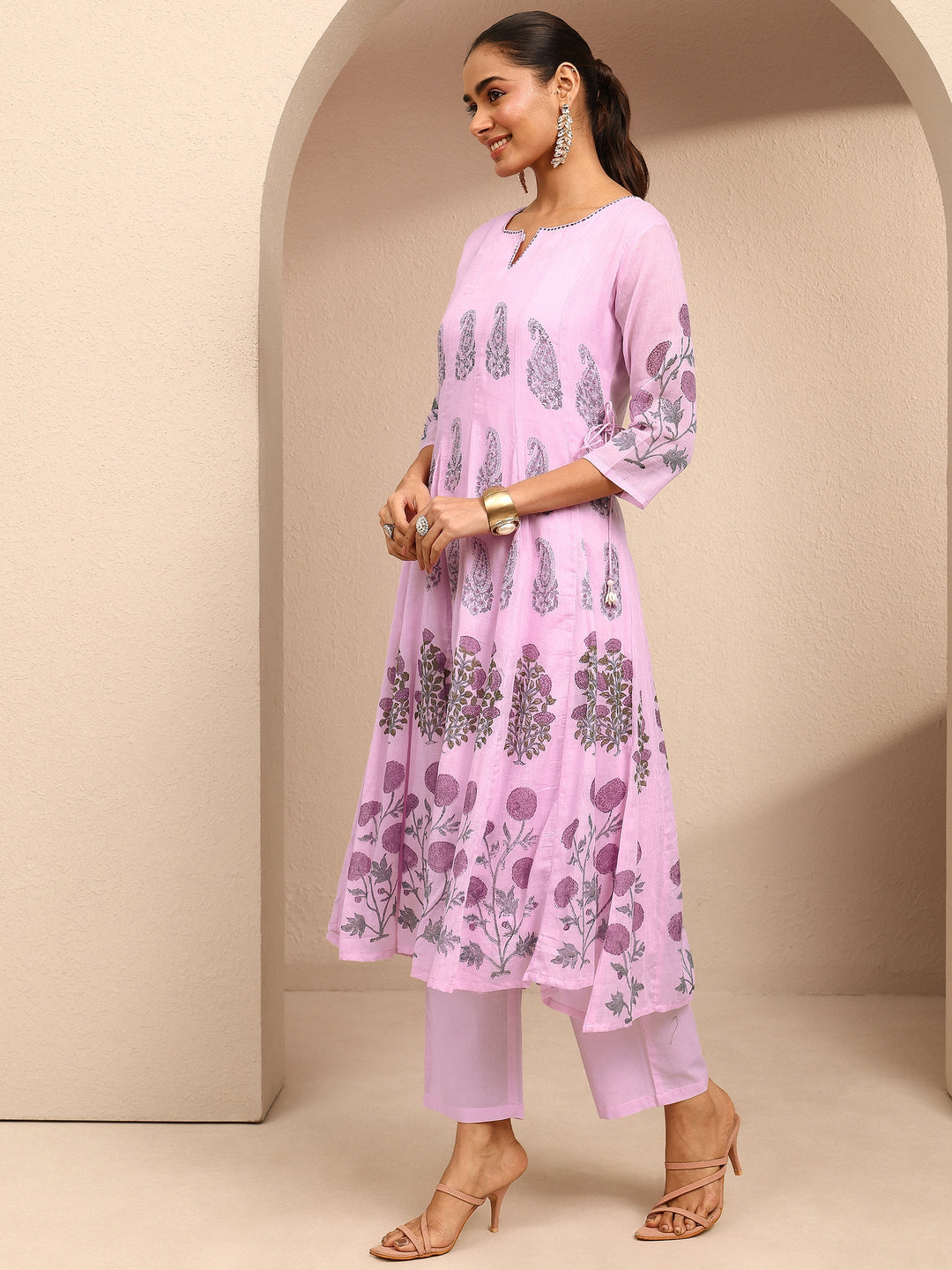 Lavender Printed Cotton Straight Suit Set With Dupatta