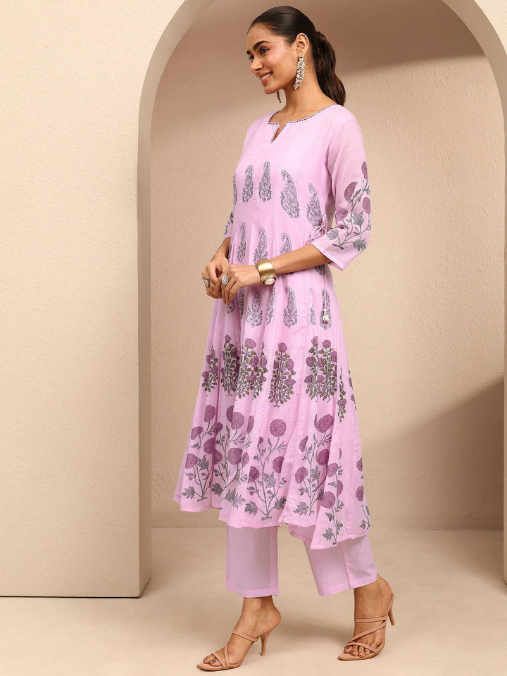 Lavender Printed Cotton Straight Suit Set With Dupatta