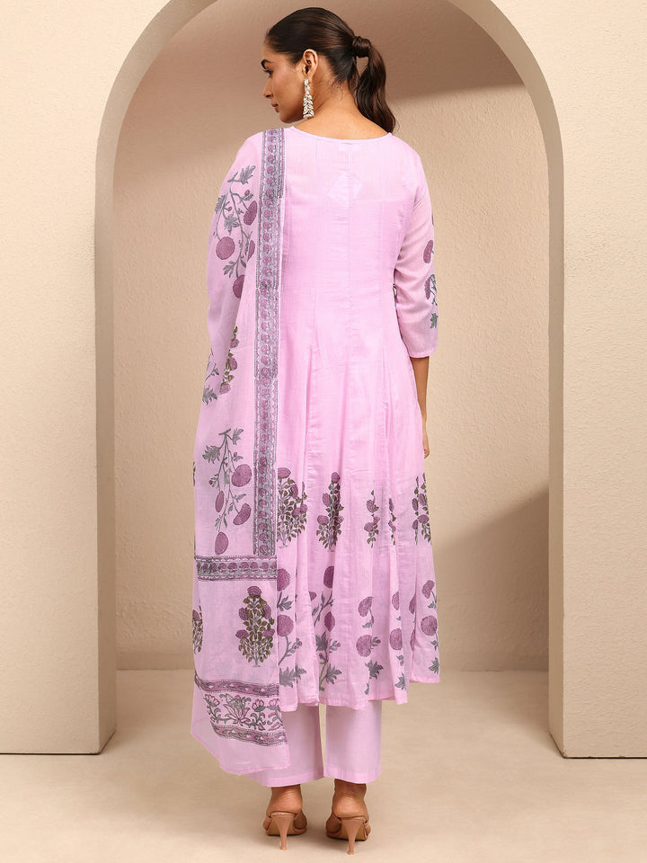 Lavender Printed Cotton Straight Suit Set With Dupatta