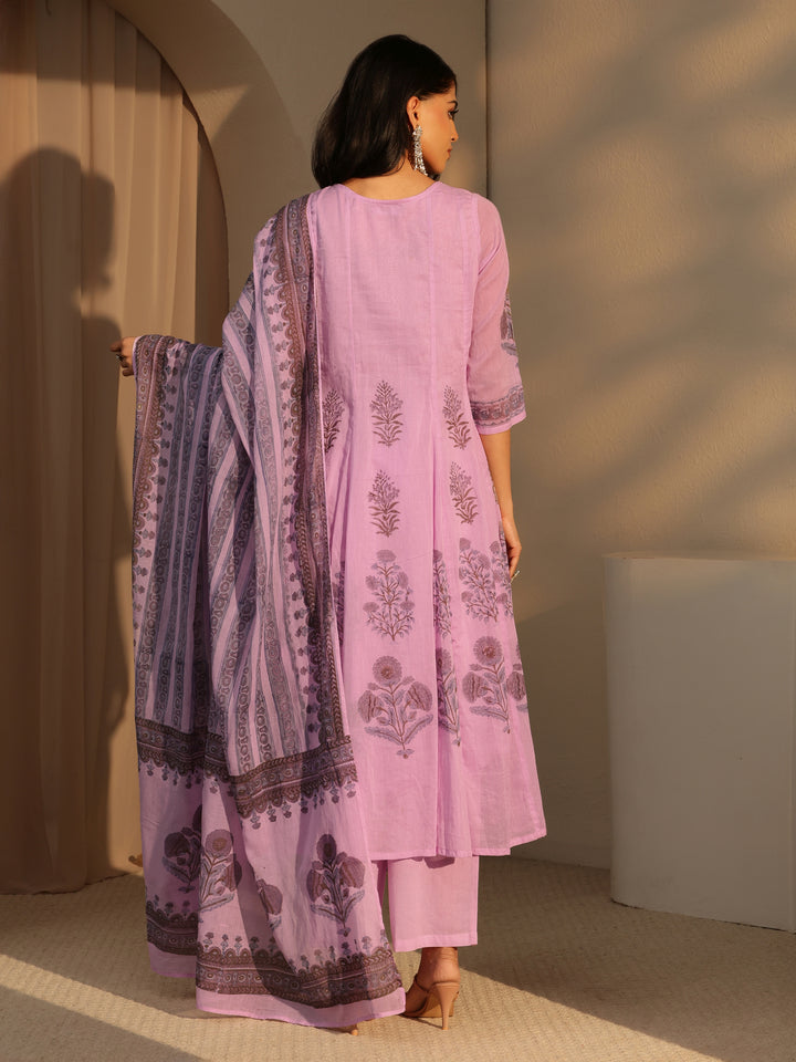 Lavender Printed Cotton Straight Suit Set With Dupatta