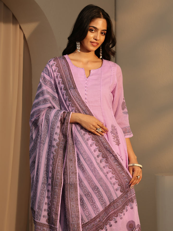 Lavender Printed Cotton Straight Suit Set With Dupatta