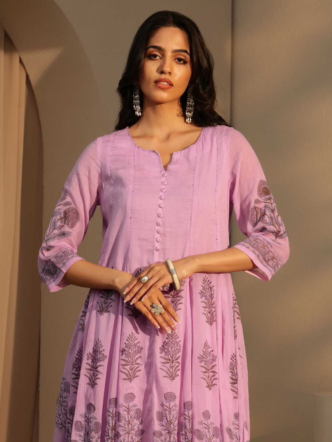 Lavender Printed Cotton Straight Suit Set With Dupatta