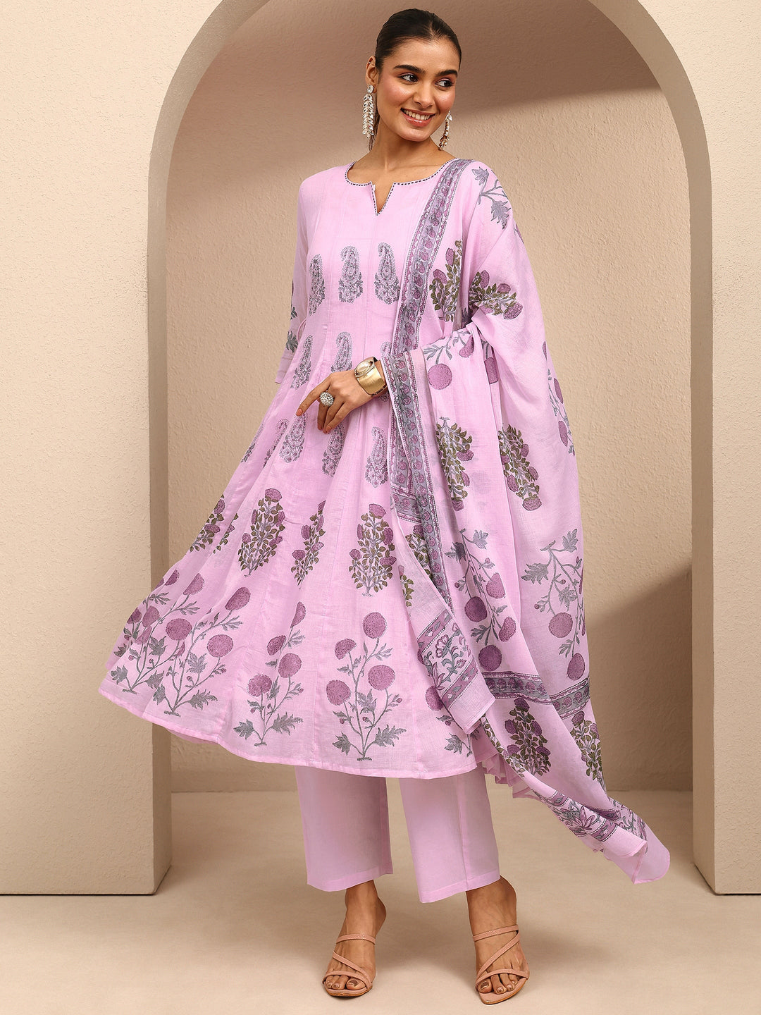 Lavender Printed Cotton Straight Suit Set With Dupatta