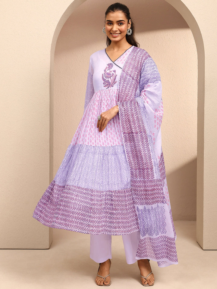 Lavender Paisley Printed Cotton Anarkali Suit Set With Dupatta