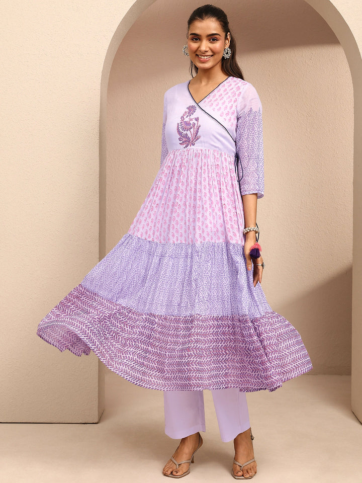Lavender Paisley Printed Cotton Anarkali Suit Set With Dupatta