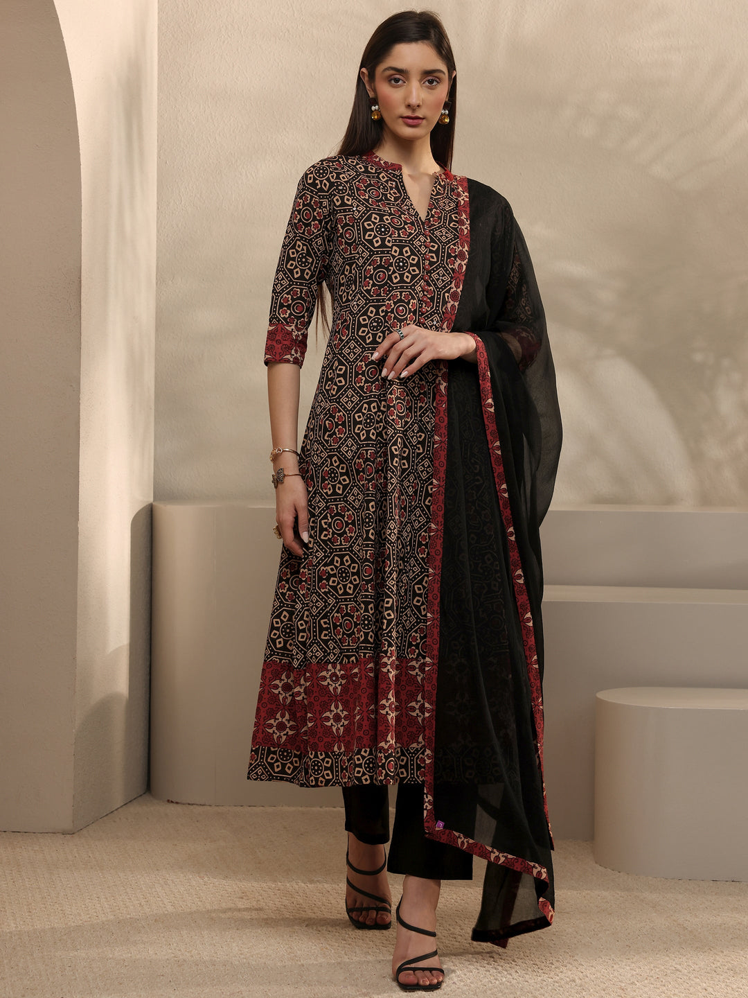 Black Printed Cotton Anarkali Suit Set With Dupatta