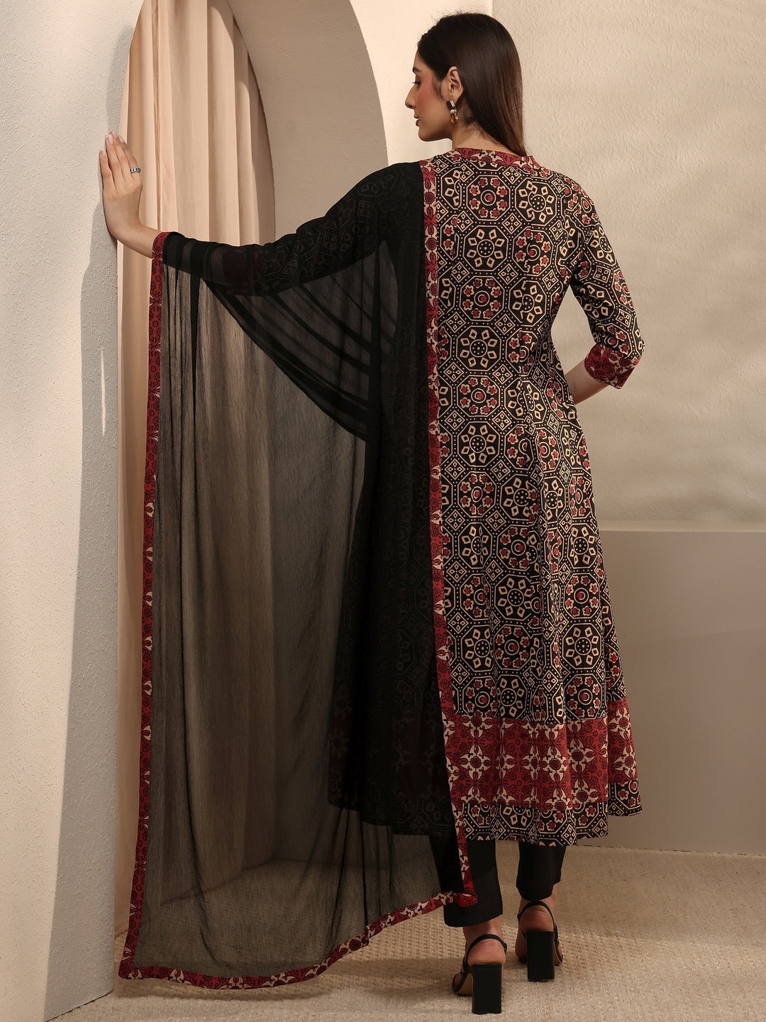 Black Printed Cotton Anarkali Suit Set With Dupatta