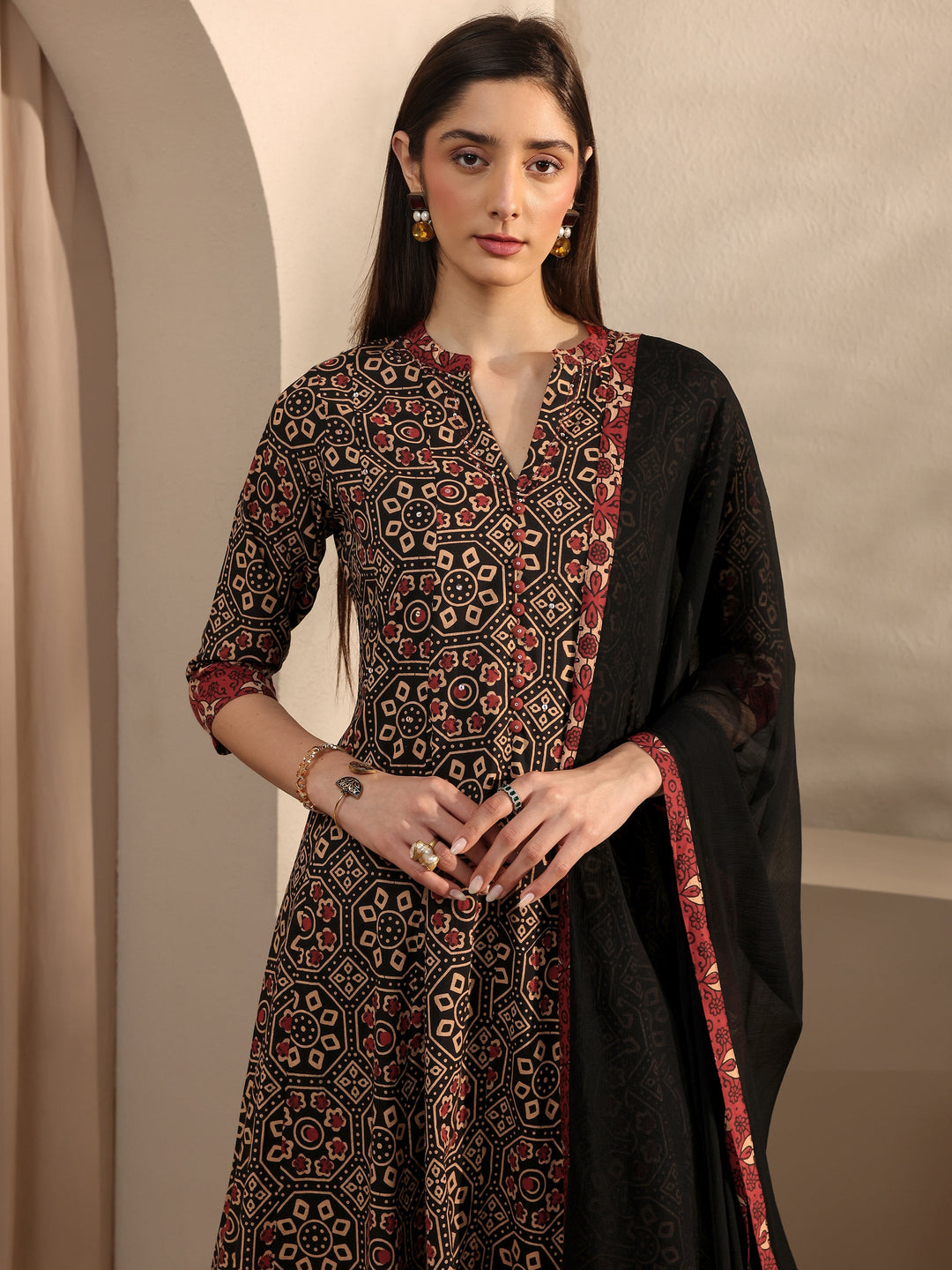 Black Printed Cotton Anarkali Suit Set With Dupatta