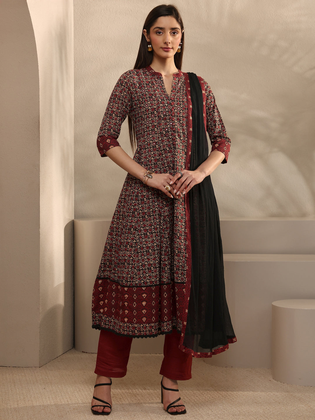 Black Floral Printed Cotton Anarkali Suit Set With Dupatta