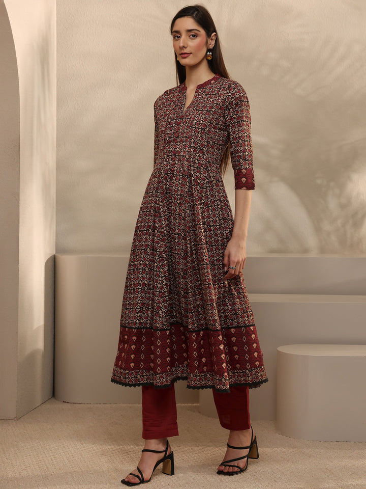 Black Floral Printed Cotton Anarkali Suit Set With Dupatta