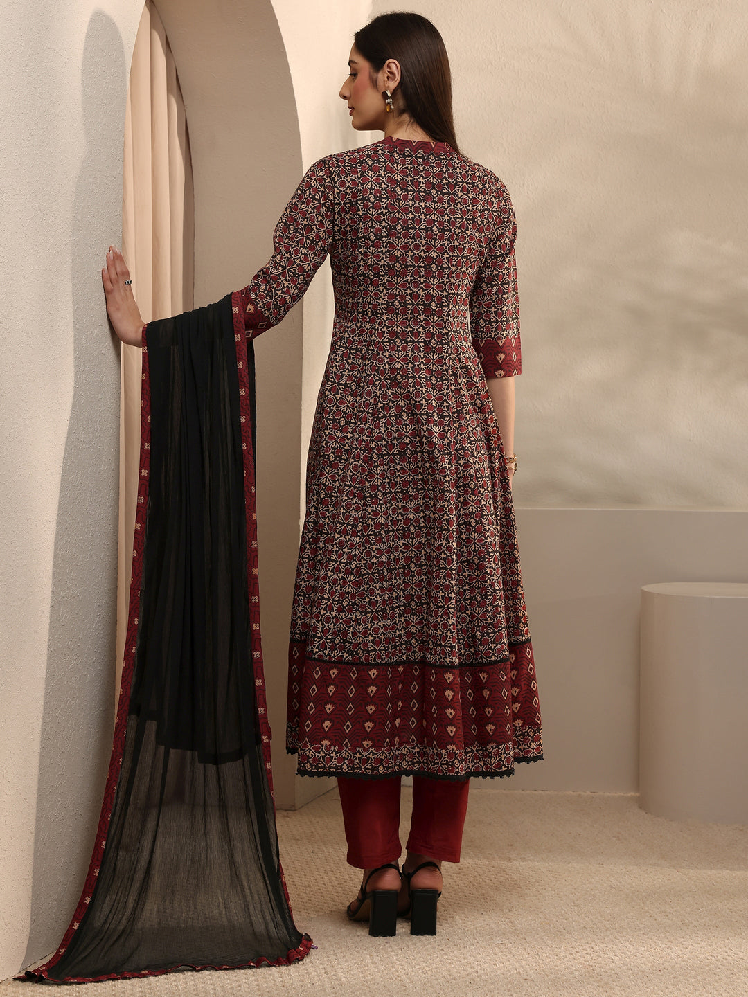 Black Floral Printed Cotton Anarkali Suit Set With Dupatta