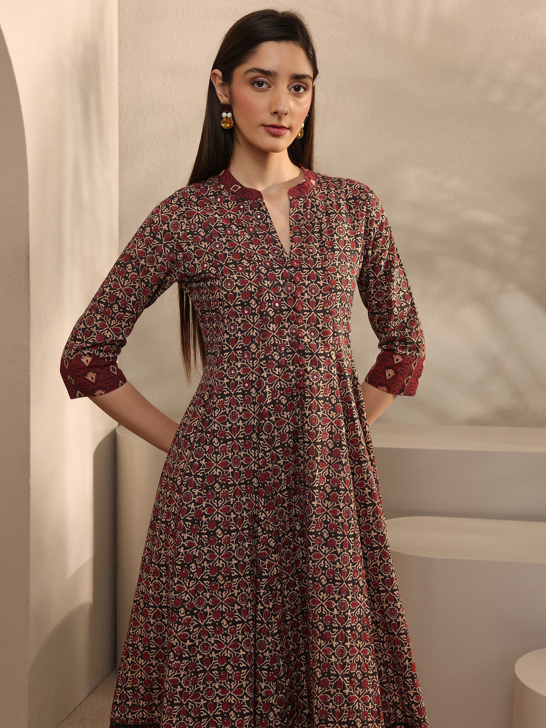 Black Floral Printed Cotton Anarkali Suit Set With Dupatta