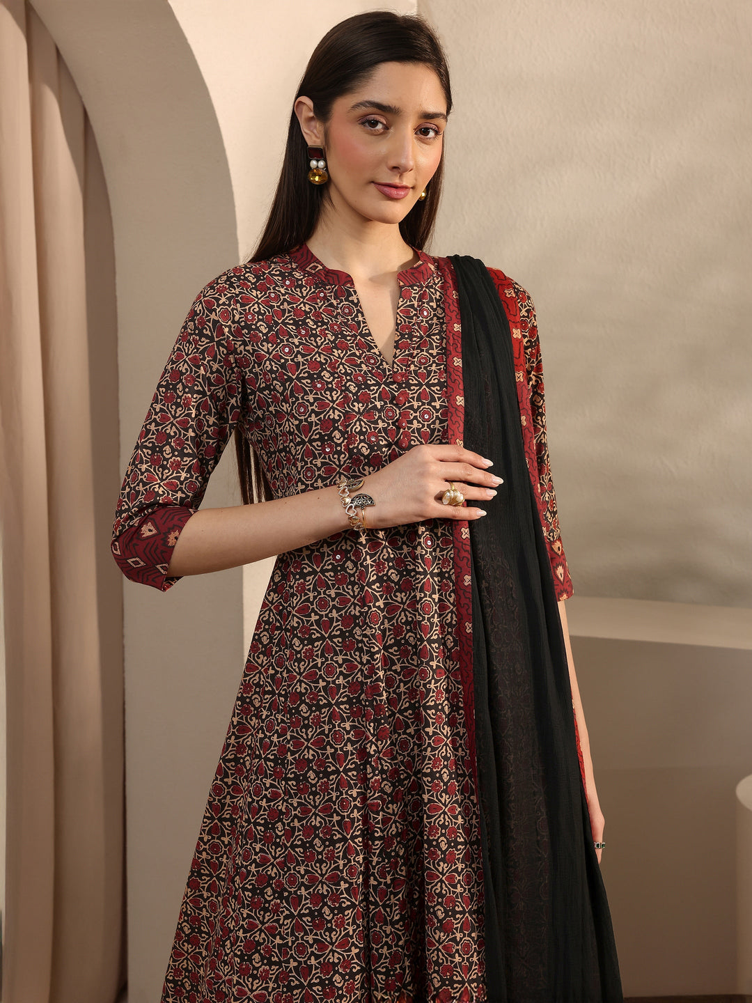 Black Floral Printed Cotton Anarkali Suit Set With Dupatta