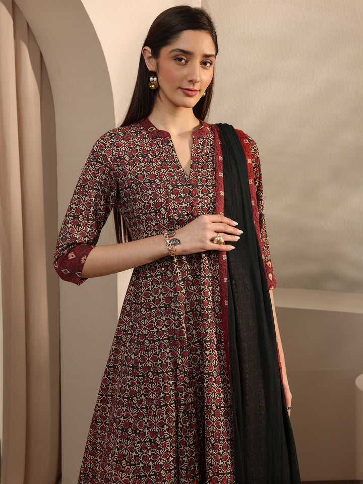 Black Floral Printed Cotton Anarkali Suit Set With Dupatta