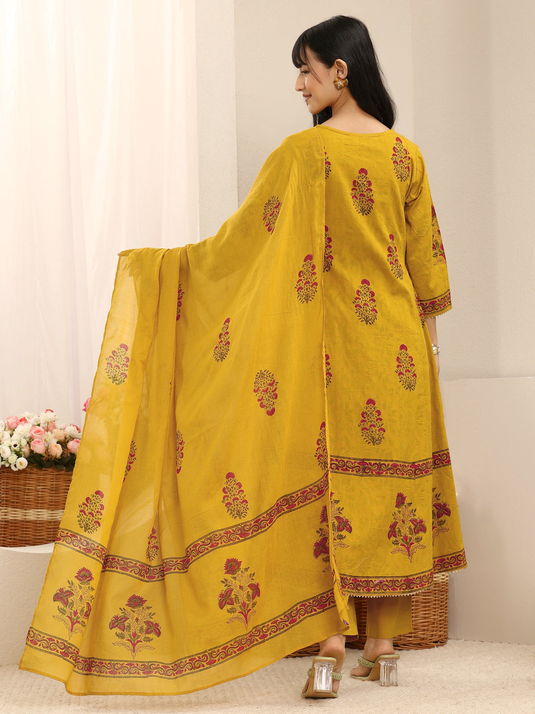 Mustard Floral Printed Cotton Anarkali Suit Set With Dupatta