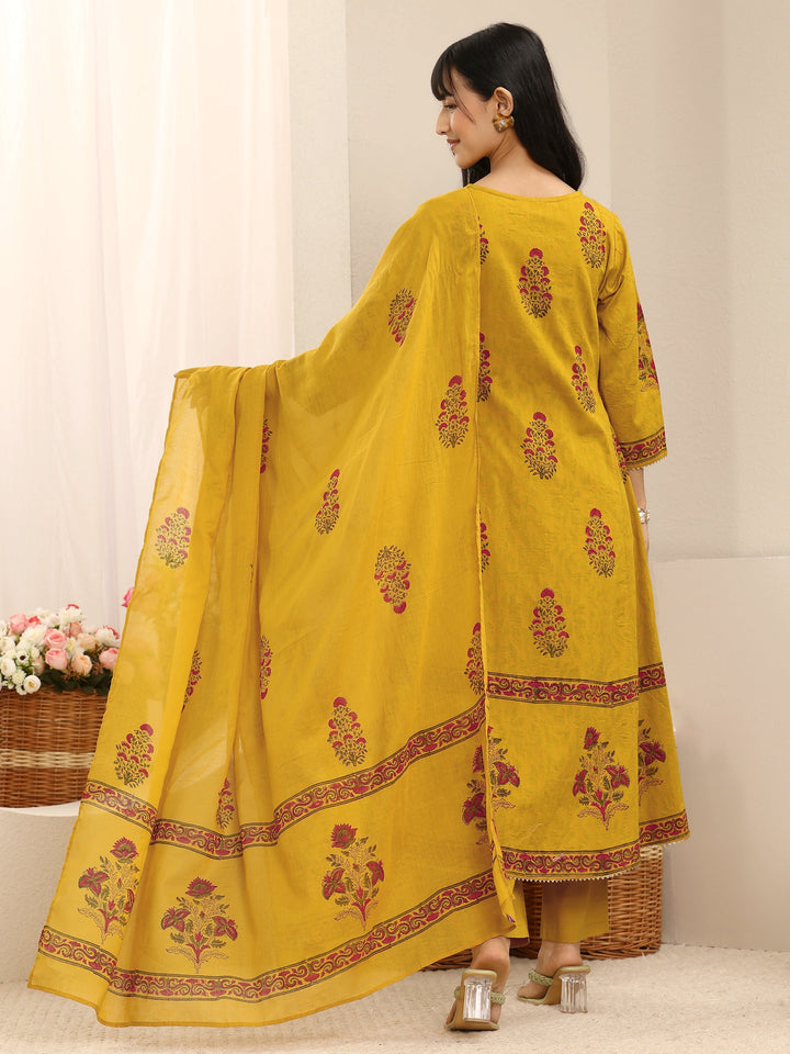 Mustard Floral Printed Cotton Anarkali Suit Set With Dupatta