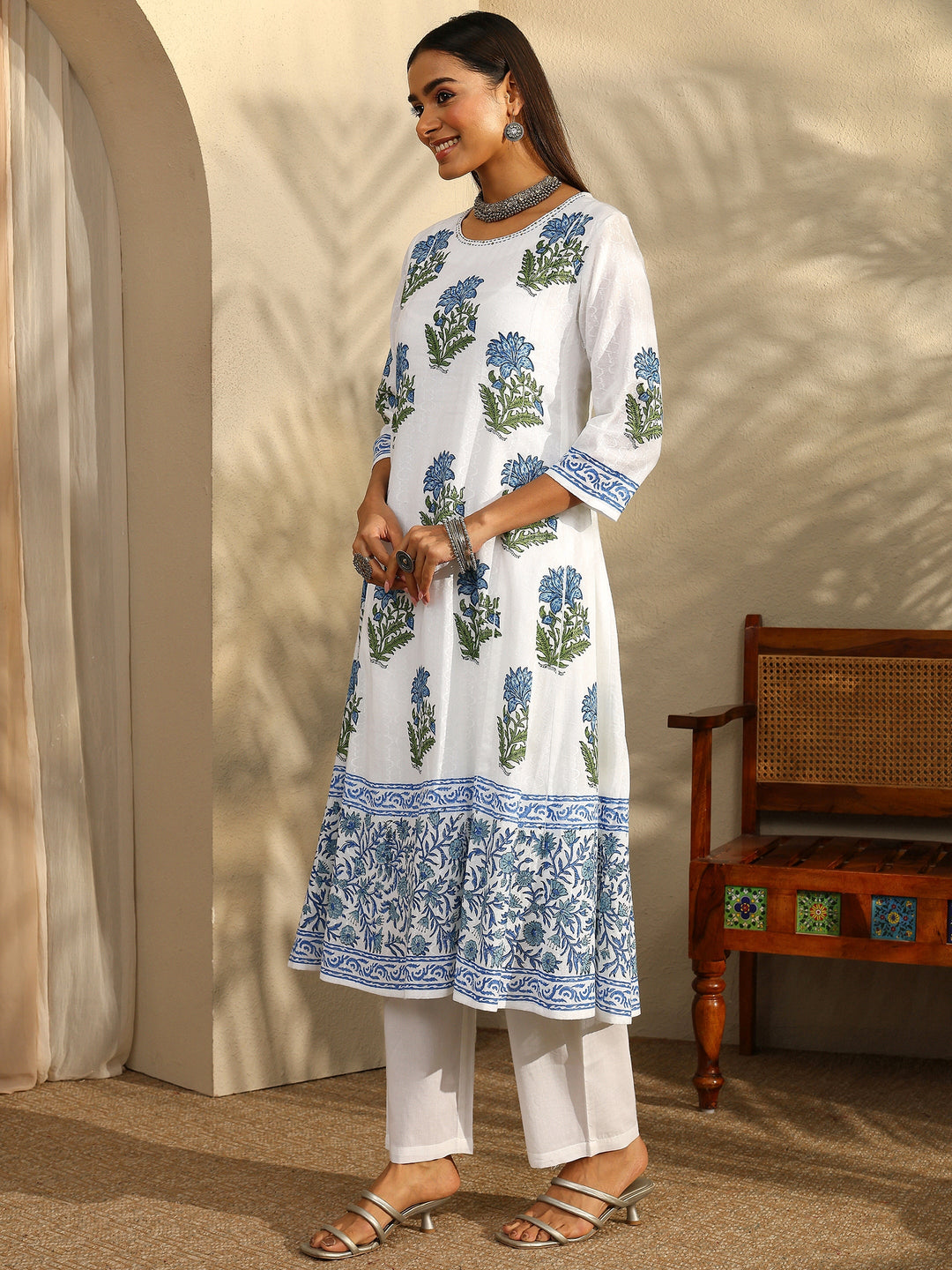 White Printed Cotton Anarkali Suit Set With Dupatta