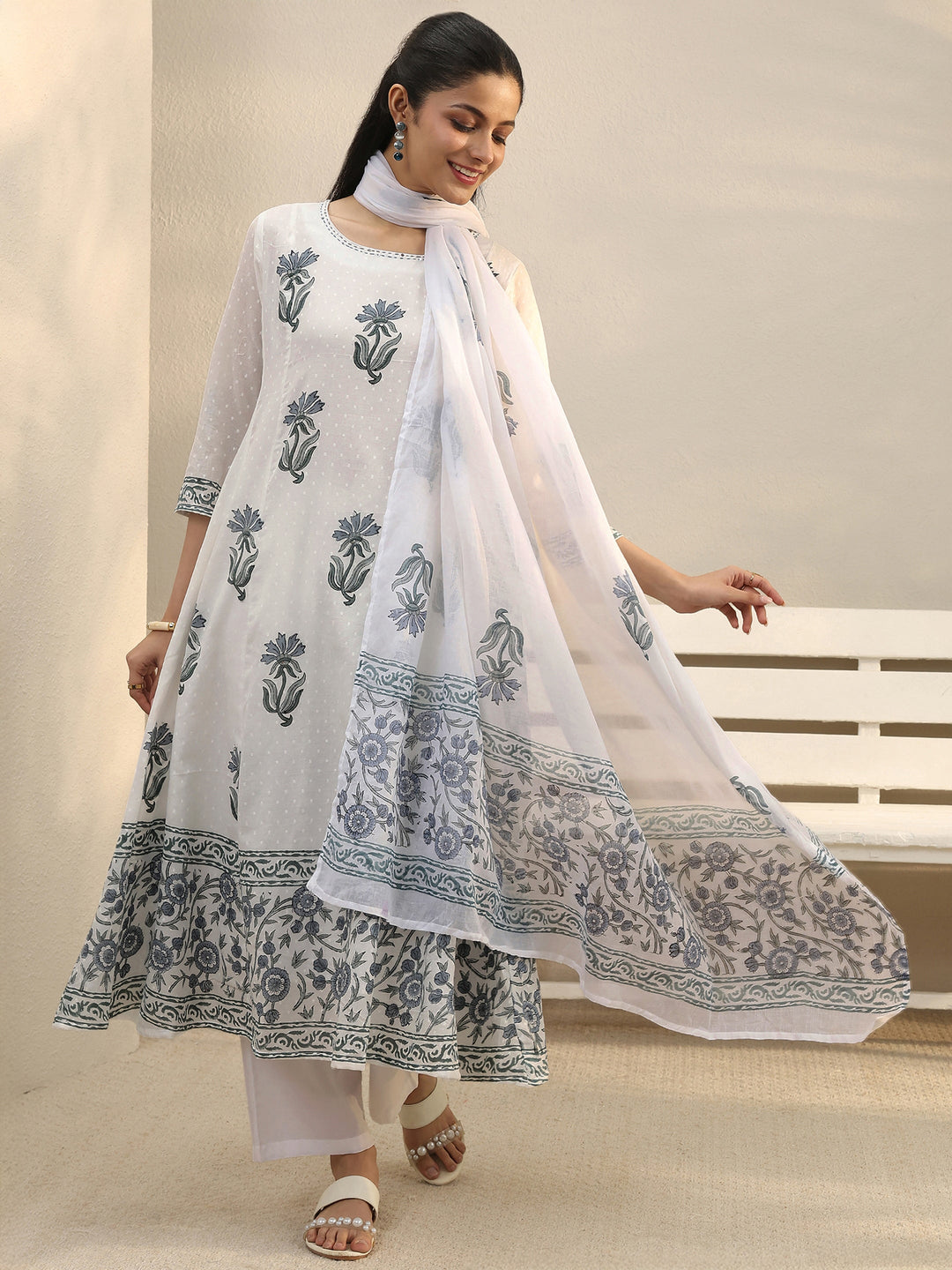 White Floral Printed Cotton Anarkali Suit Set