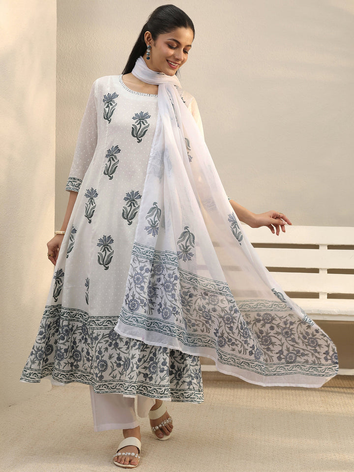 White Floral Printed Cotton Anarkali Suit Set