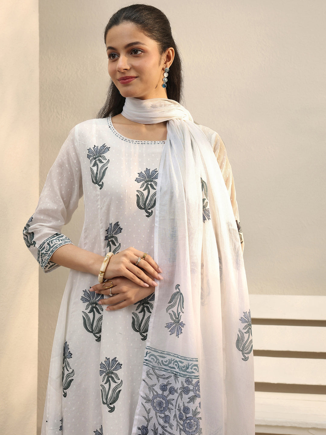 White Floral Printed Cotton Anarkali Suit Set