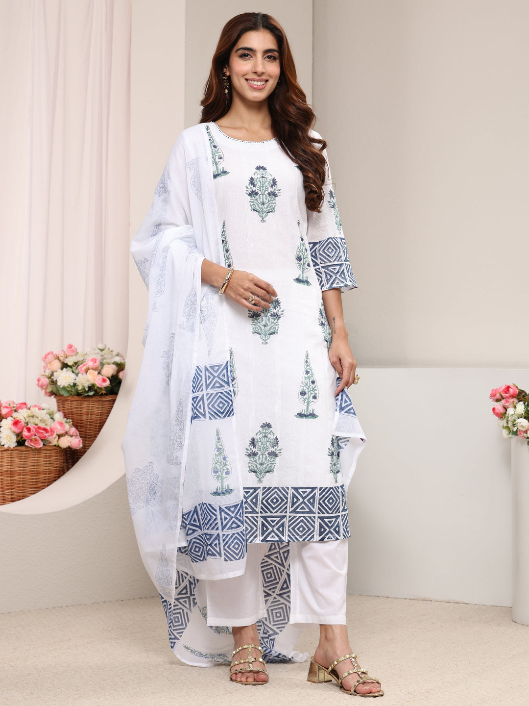 White Multi Printed Cotton Straight Suit Set With Dupatta