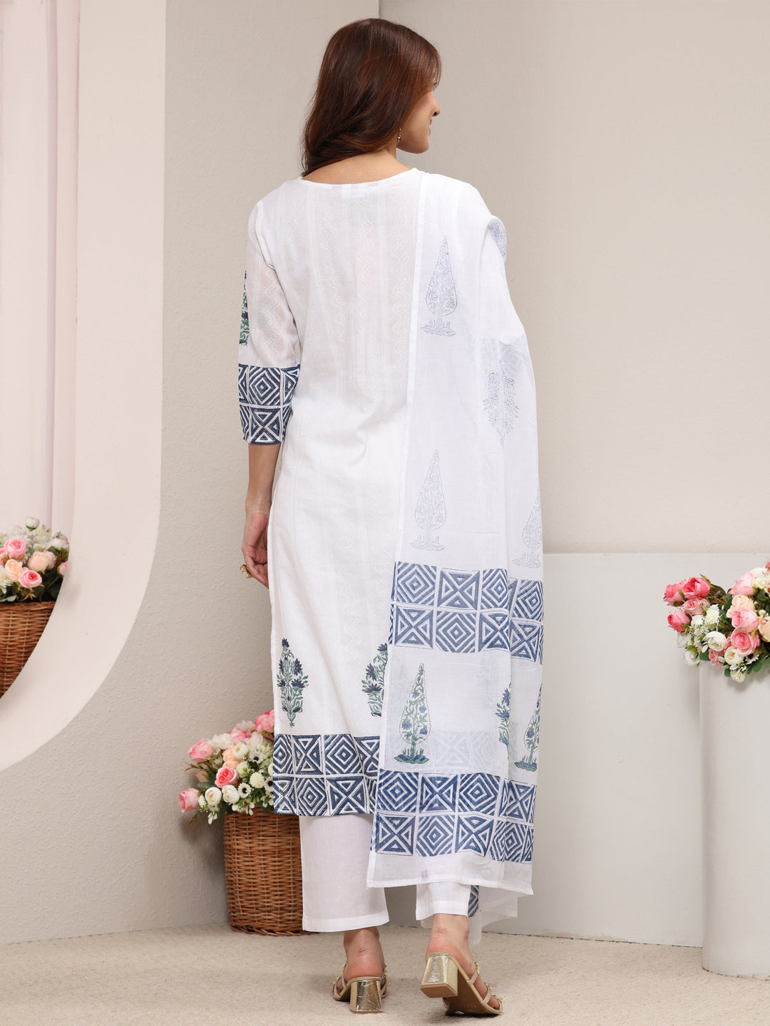 White Multi Printed Cotton Straight Suit Set With Dupatta