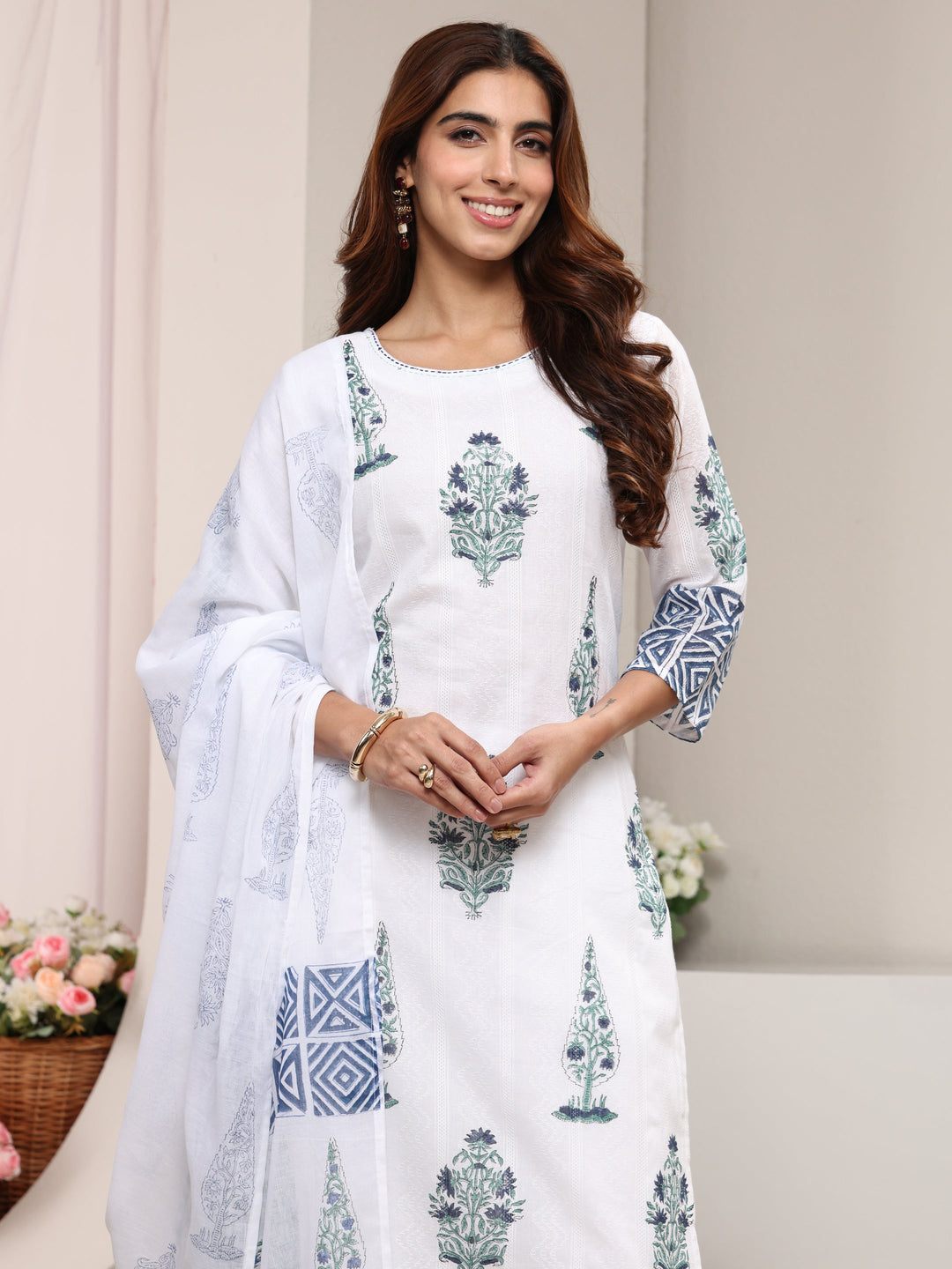 White Multi Printed Cotton Straight Suit Set With Dupatta