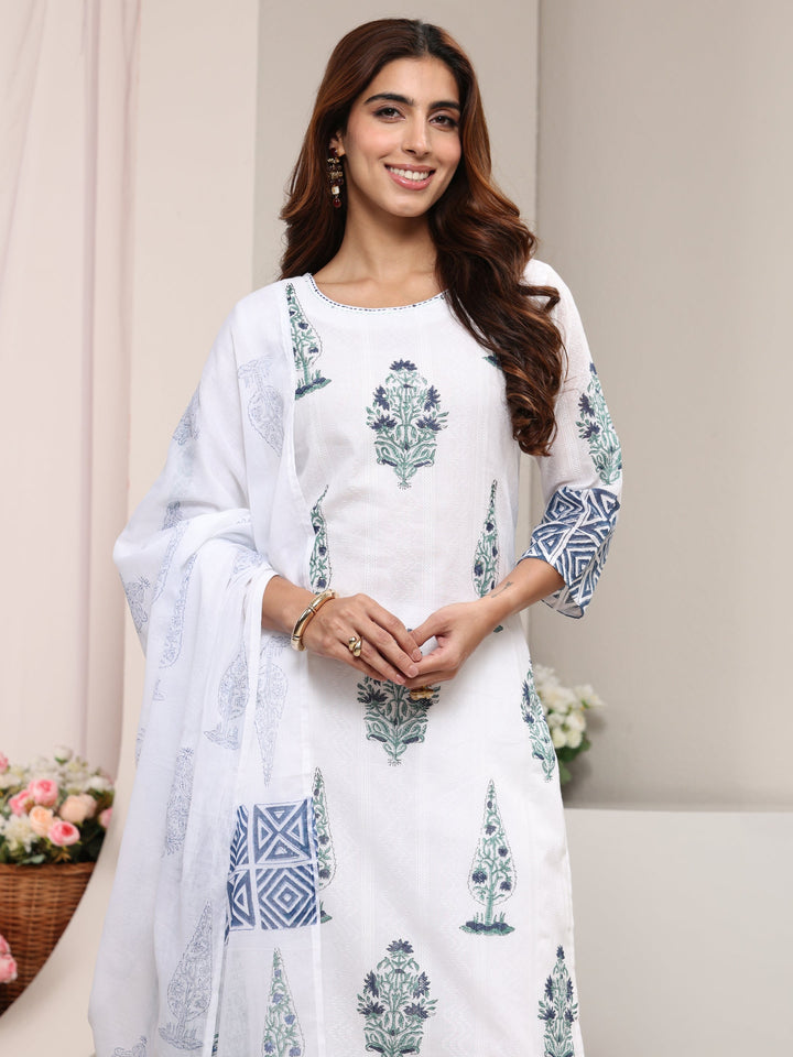 White Multi Printed Cotton Straight Suit Set With Dupatta