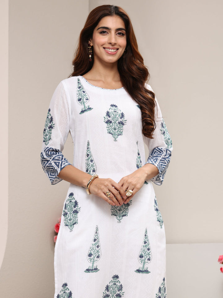 White Multi Printed Cotton Straight Suit Set With Dupatta