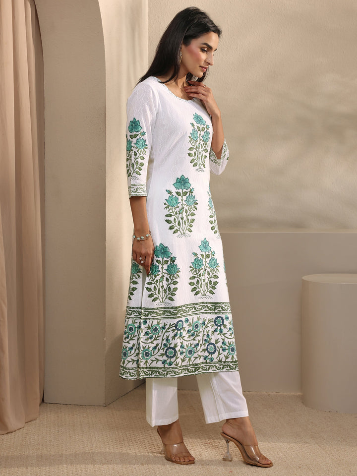 White Floral Printed Cotton Straight Suit Set With Dupatta