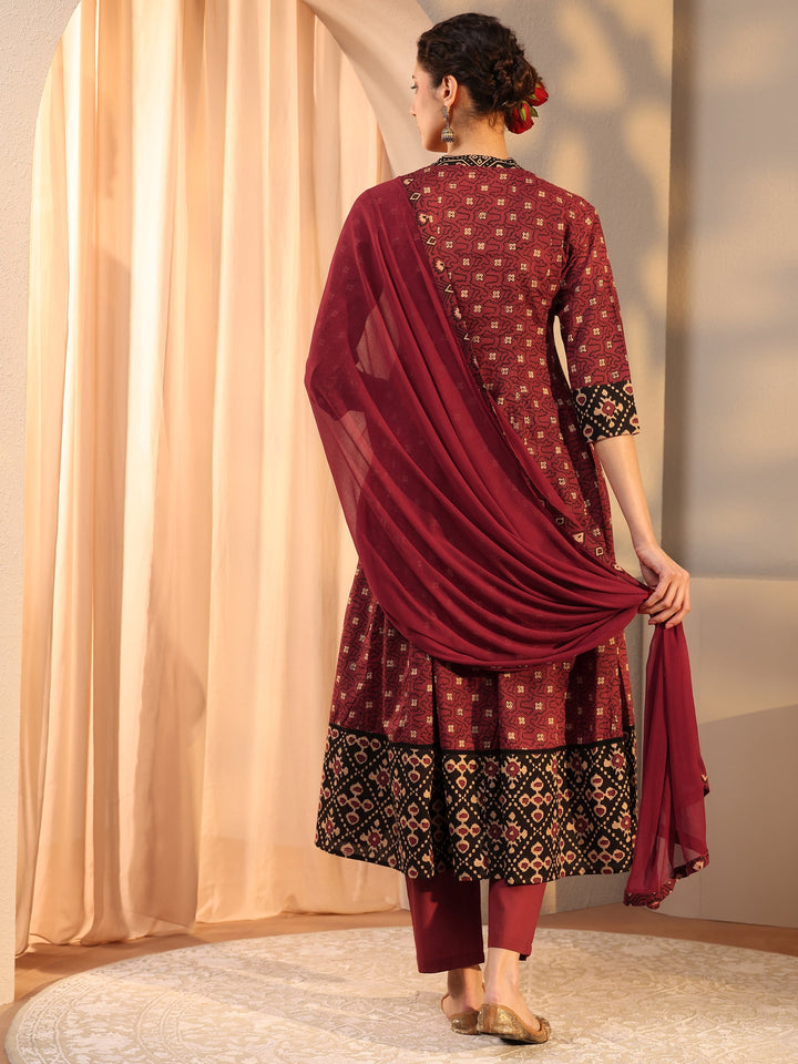 Rust Ethnic Motif Printed Cotton Anarkali Suit Set With Dupatta