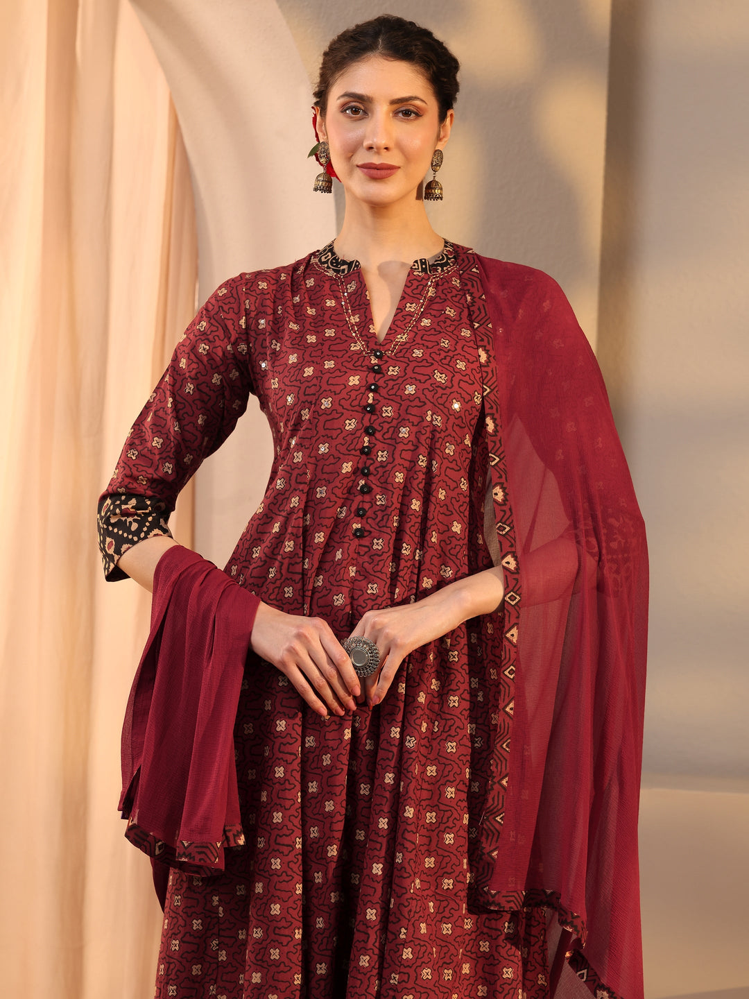 Rust Ethnic Motif Printed Cotton Anarkali Suit Set With Dupatta