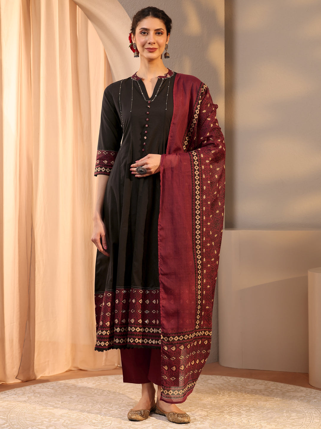 Black Printed Cotton Anarkali Suit Set With Dupatta