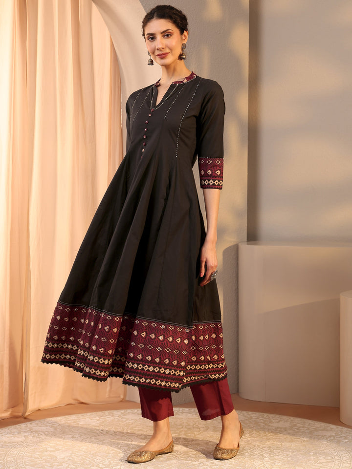 Black Printed Cotton Anarkali Suit Set With Dupatta
