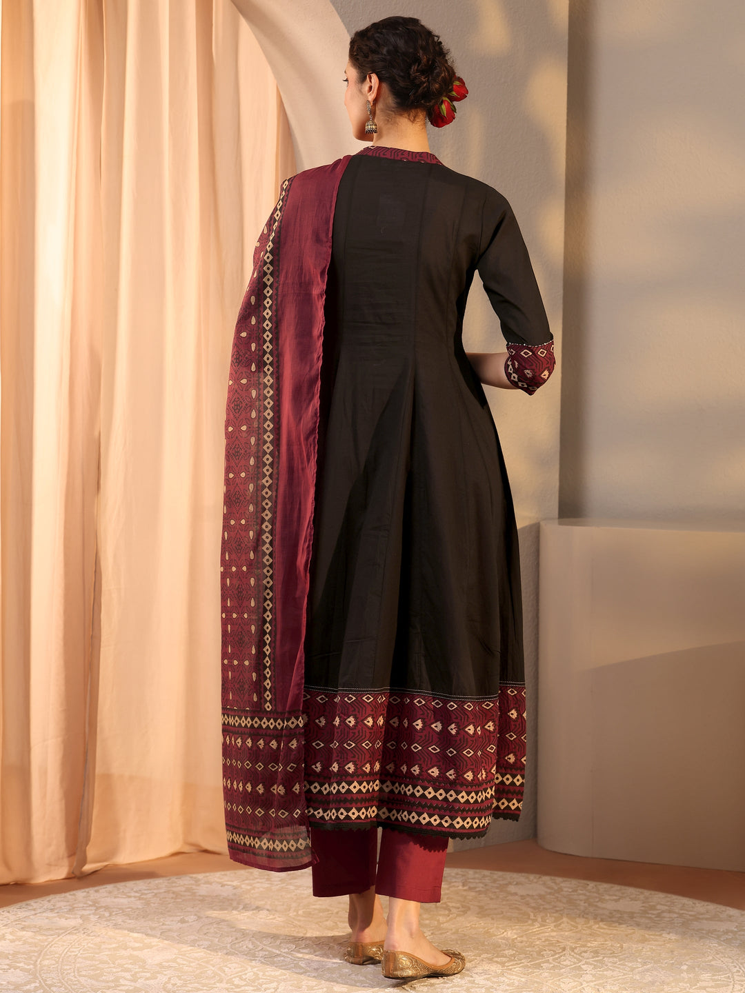 Black Printed Cotton Anarkali Suit Set With Dupatta