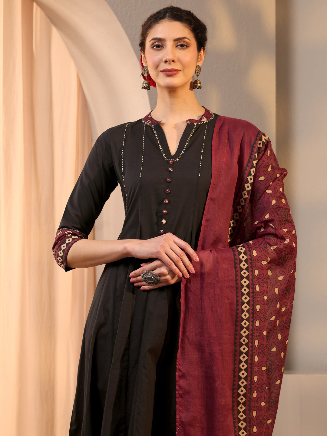 Black Printed Cotton Anarkali Suit Set With Dupatta