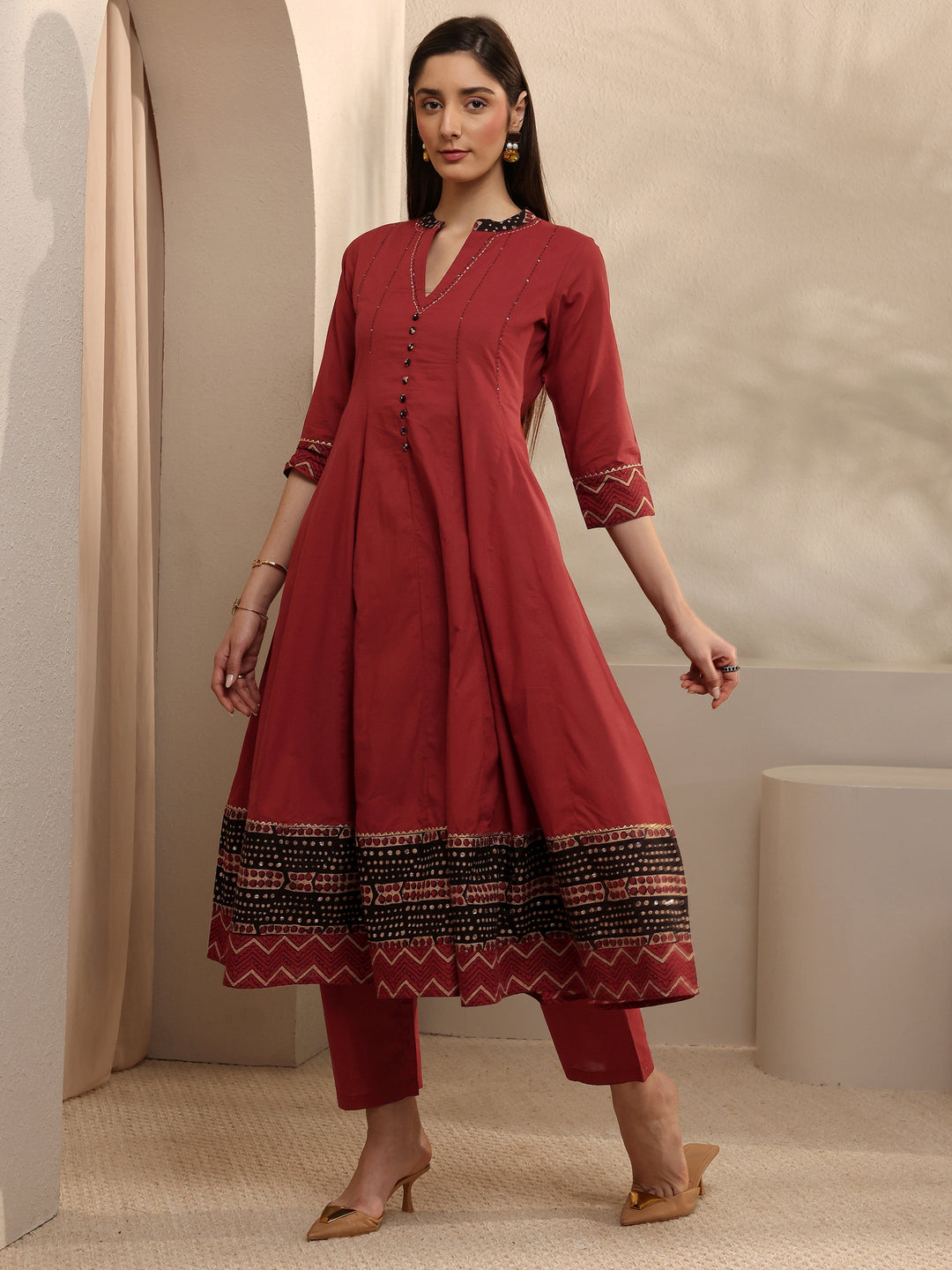 Rust Cotton Anarkali Suit Set with Dupatta