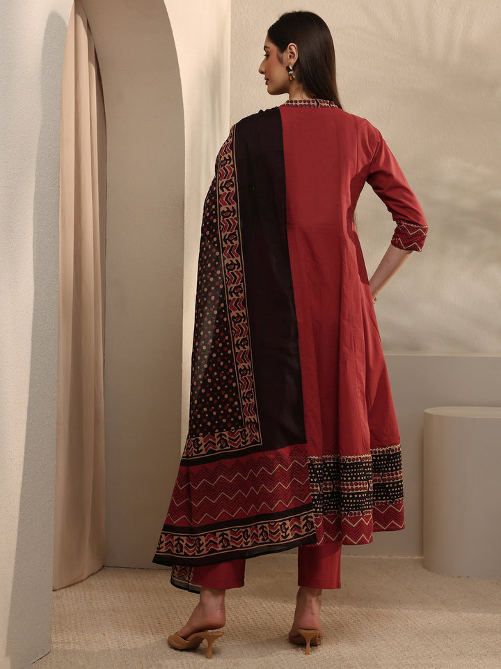 Rust Cotton Anarkali Suit Set with Dupatta