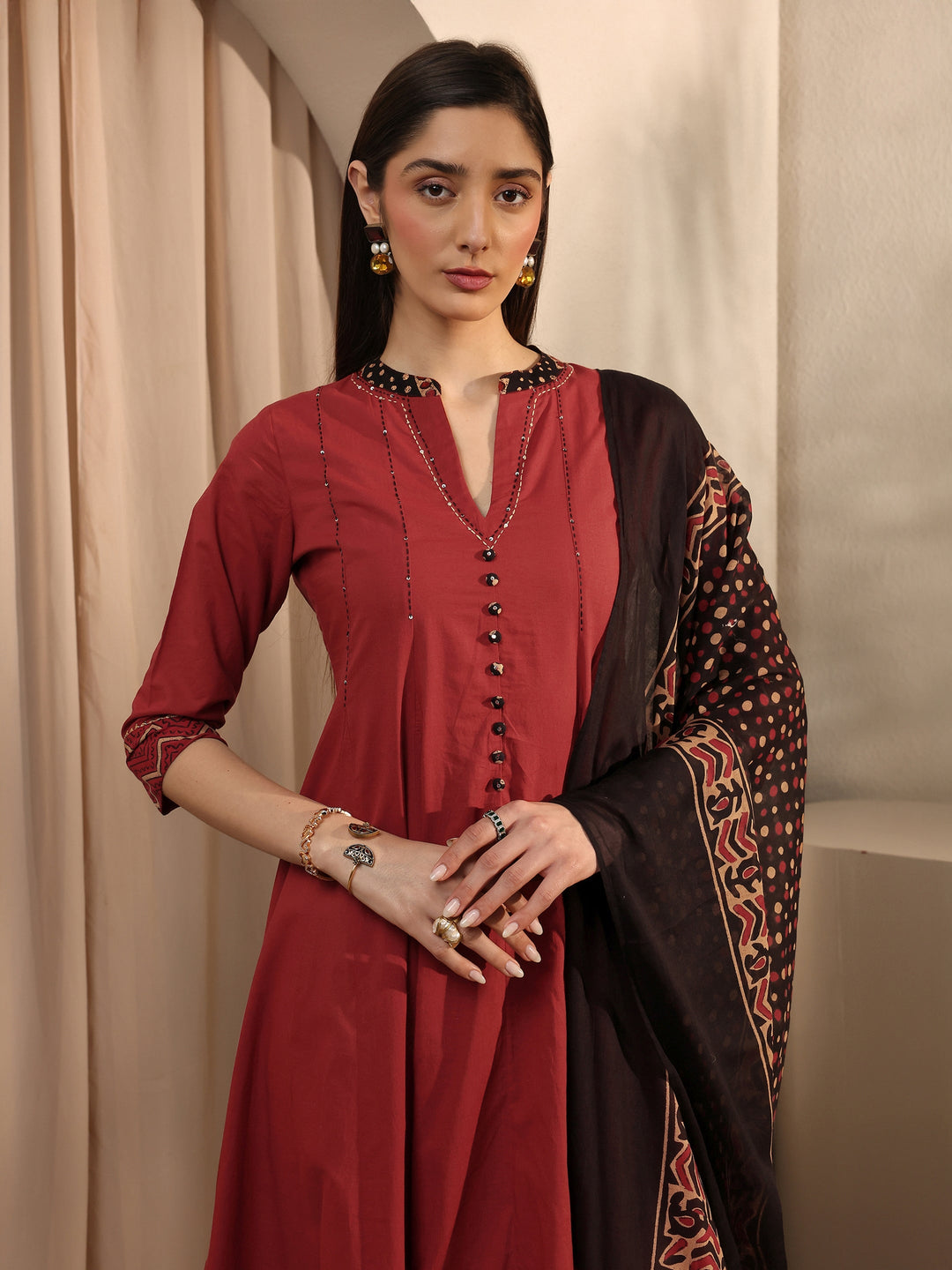 Rust Cotton Anarkali Suit Set with Dupatta