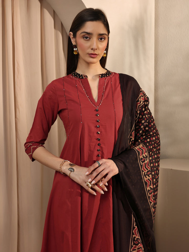 Rust Cotton Anarkali Suit Set with Dupatta