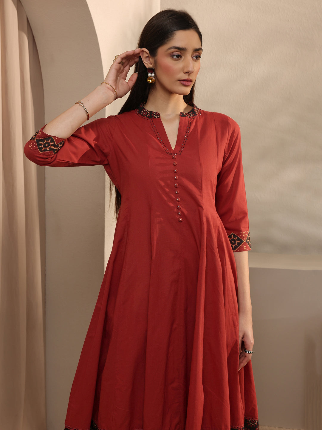 Rust Cotton Anarkali Suit Set with Dupatta