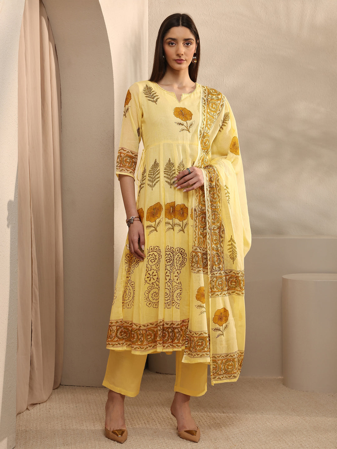 Yellow Floral Print Cotton Anarkali Suit Set with Dupatta